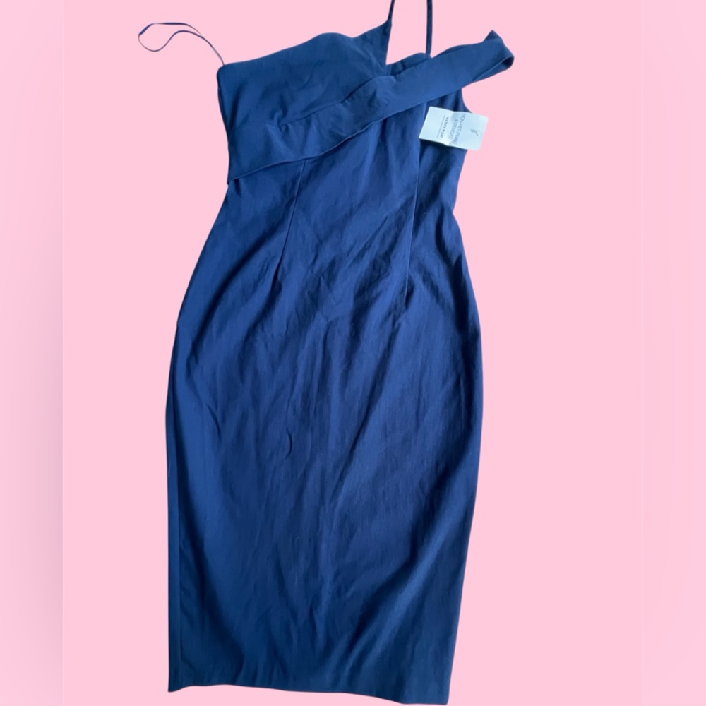 Vesper 247 Navy One Shoulder Bodycon Midi Dress Size 12 Cocktail Wedding Guest